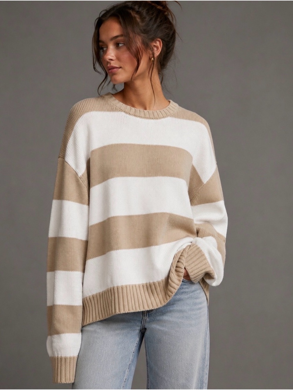 Brandy Melville Beige Cream Striped Oversized Knit Sweater One Size
